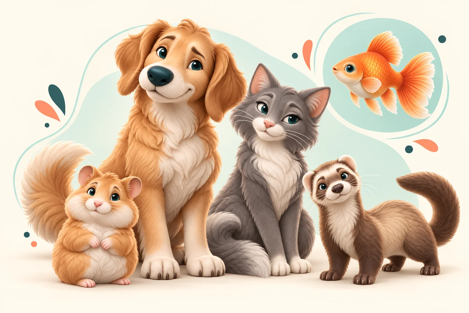 LemmikkiGurun maskottiperhe: Touho-koira, Soma-kissa, Hippu-hamsteri, Vinka-fretti ja Kupla-kala.